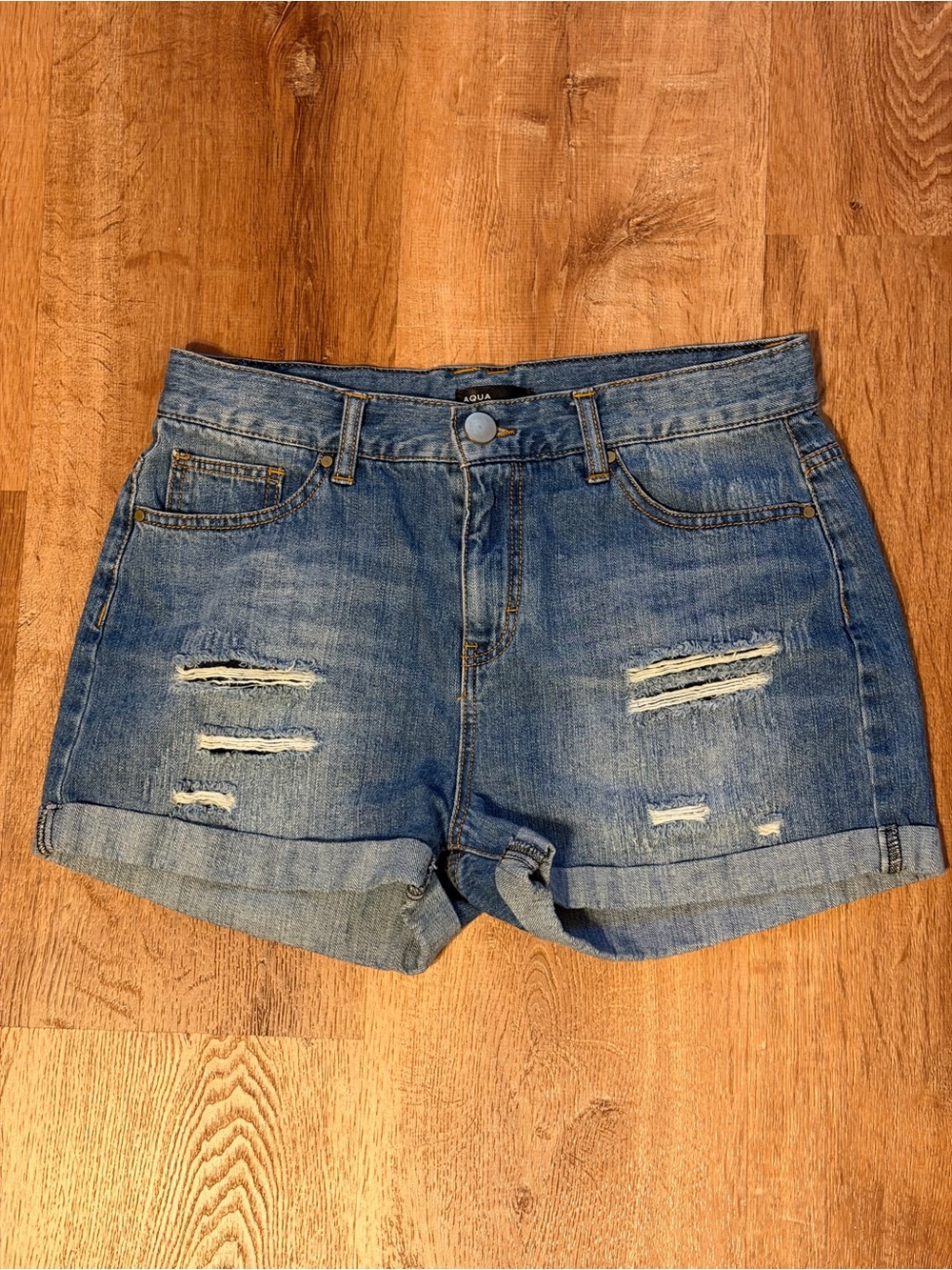 Aqua Light Blue Distressed Rolled-Hem Denim Shorts